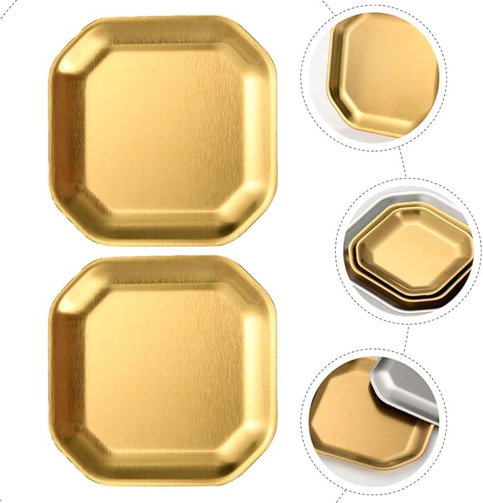 Uonlytech Stainless Steel Octagonal Snack Plates 12cm Gold Korean Style Pickle Dish Small Appetizer Plates 2pcs Set for Household Tableware and Party Serving
