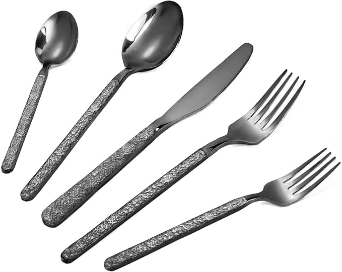 20-Piece Black Silverware Set, Hammered 18/10 Stainless Steel Flatware Set for 4, Food-Grade Cutlery Set, Tableware Set Including Fork Knife Spoon Set,Dishwasher Safe