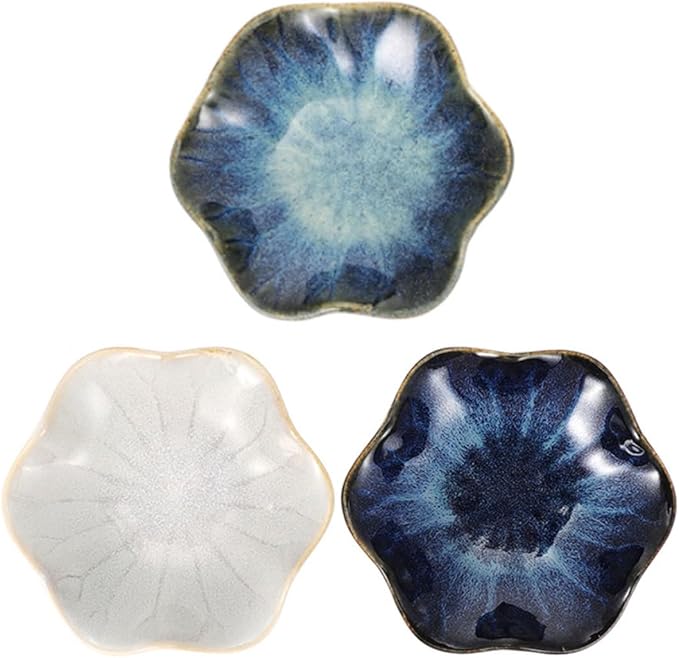 GLEAVI 3pcs Ceramic Sauce Plates Set Small Gradient Blue, Vintage White Natural Rice Glaze Seasoning Dishes for Soy Sauce and Appetizers, Kitchen Dining Serveware Random Color