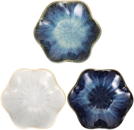 3pcs Ceramic Seasoning Dishes Set with Lotus Leaf Pattern, Blue Gradient, Vintage White, and Rice Beige, Small Appetizer Plates for Sauce, Vinegar, and Condiment Random Color