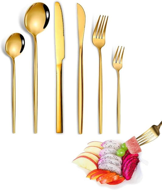 48-PieceGrade Gold Silverware Set, Stainless Steel Flatware Set for 8 - Service for 8 Includes Knives, Forks, Spoons & Teaspoons, Mirror Polished, Dishwasher Safe