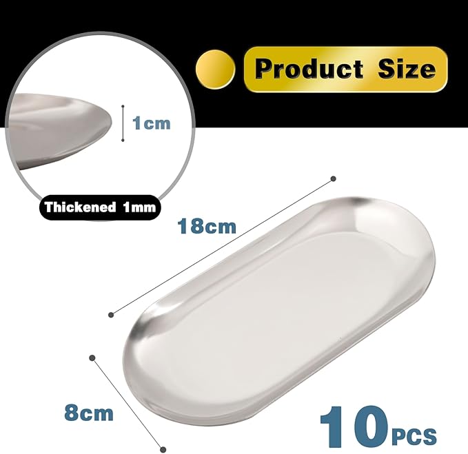 10 Pack Stainless Steel Decorative Tray, Thicken Silver Decorative Tray 7 inch, Oval Jewelry Dish Bathroom Vanity Tray Small Serving Tray Candle Holder Cosmetics Tray Perfume Tray