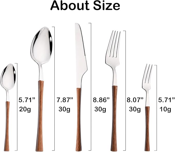 JASHII 30pcs Stainless Steel Imitation Wood Handle Cutlery Flatware Set,Tableware Knife Cake Fork Spoons Dinnerware Set Party Kitchen Silverware for 6, Mirror Polished - Brown&Silver