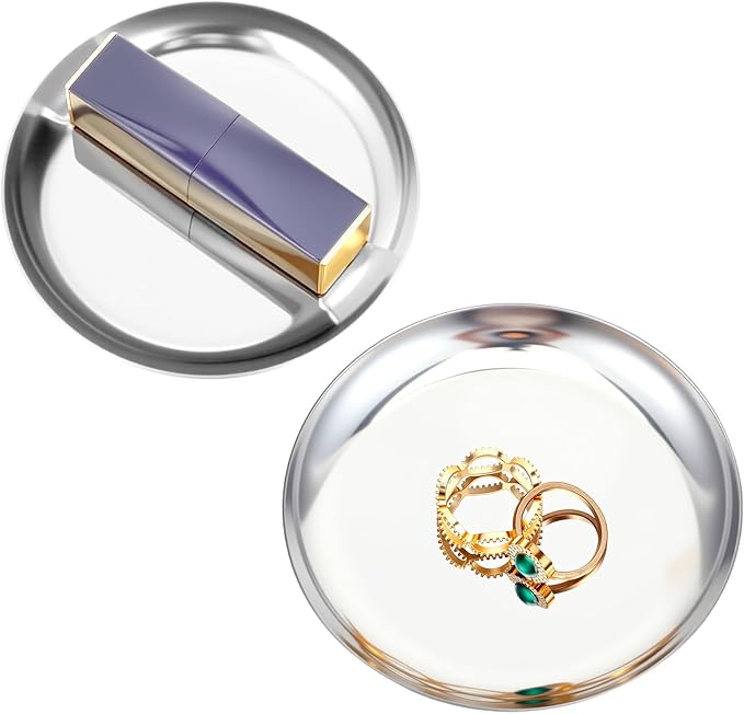 2 Pcs Silver Tray, 4 Inch Stainless Steel Round Serving Tray Circle Jewelry Trays Decorative Coffee Table Trays Display Serving Platter Candle Plate for Bathroom, Candle, Perfume, Countertop