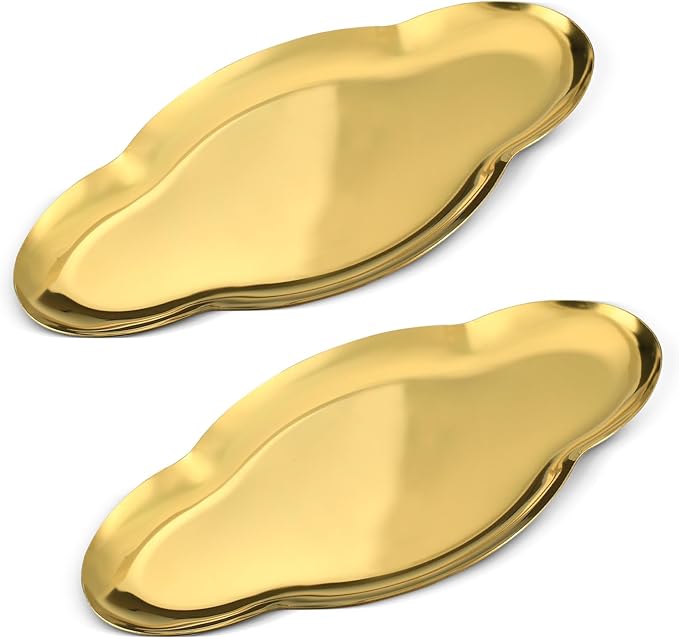 2Pcs Stainless Steel Jewelry Tray, 9in Cute Cloud Bathroom Decorative Tray Trinket Dish, Ring Dish Vanity Tray for Perfume Key Candle Aesthetic Room Decor (Gold)