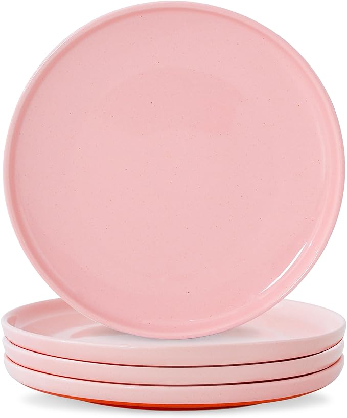 10.25-Inch Dinner Plates Set of 4, Dual Glaze Stoneware Plates, Microwave and Dishwasher Safe, Ceramic Plates for Everyday Dining, Pink