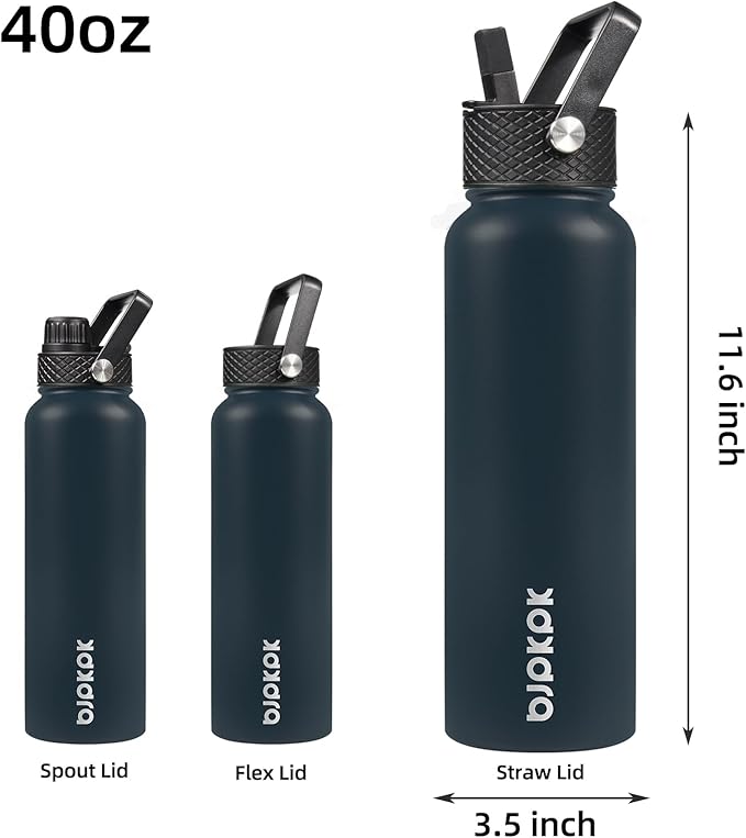 BJPKPK Insulated Water Bottles with Straw Lid, 40oz Stainless Steel Water Bottles with 3 Lids, BPA Free Leakproof Thermo, Tumblers, Cups for Sports, Gym- Navy Blue