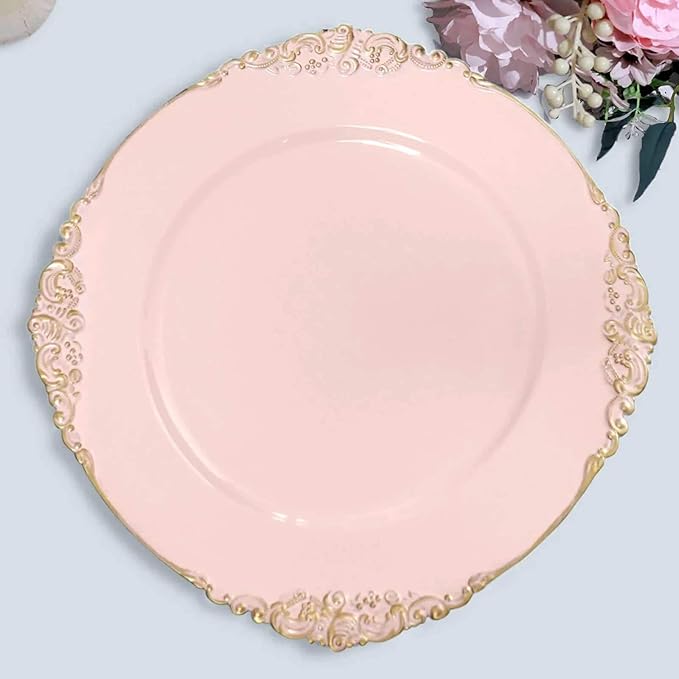 13" Charger Plates -Set of 12 - Acrylic Blush Round Baroque Disposable Chargers Leaf Embossed Rim, Ideal for Dinner Party Wedding Bulk Events
