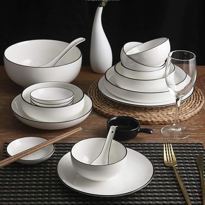 Fine Dinnerware Sets,Dinner Plate Ceramics Dinner Sets, Bowl/Dish/Spoon | Pure White Black Line Porcelain Combination Set