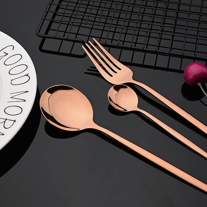 JASHII 24-Piece Stainless Steel Flat Flatware Set for 6, Fork Spoon Knife Set Eating Utensils Tableware with Holder for Kitchens Home and Restaurant, Dishwasher Safe - Rose Gold