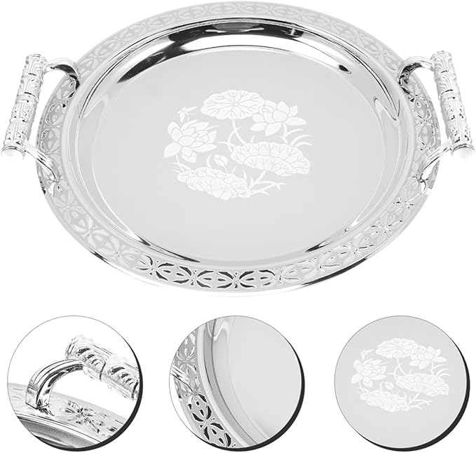 European Style Round Pattern Fruit Serving Tray Stainless Snack Storage Holder Compact Lightweight Decorative Platter for Home Kitchen Dining and Display