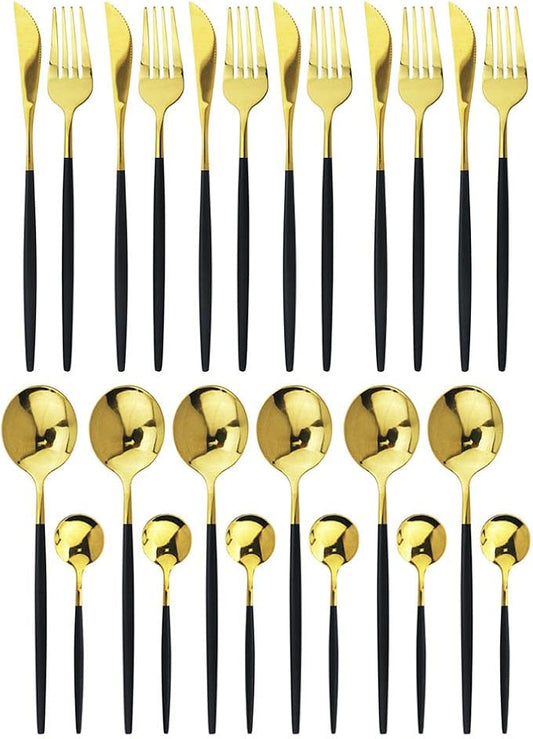 JASHII 24 Piece Titanium Black And Golden Plated Stainless Steel Flatware Set, Black Handle With Golden Mouth Silverware Set Black And Golden Cutlery Set Service for 6 (Handle Black,Shiny Golden)