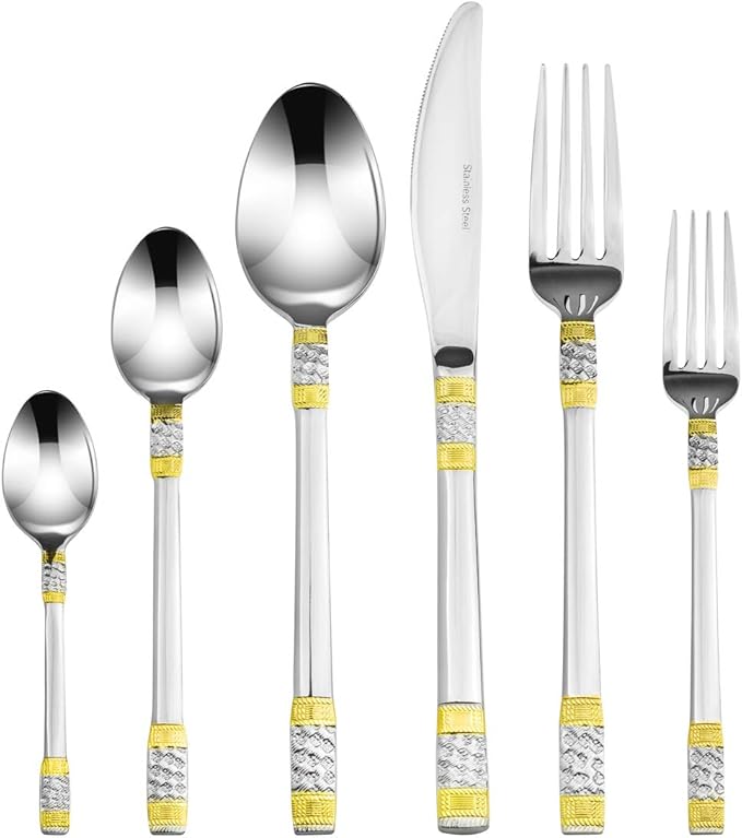 75-Piece Cutlery Set 'Principe' 24K Gold-Plated Service for 12, 18/10 Surgical Stainless Steel Flatware Silverware Cutlery with Hostess Set Cherry Color Wood Storage Case