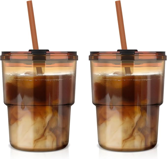 Luxfuel 13oz Tumbler Water Glass Cups with Straw and Lid, Reusable Iced Coffee Cups, Iced Tea, Sealed Carry-On Glass Tumbler for Travel, Home, Office, Party and Outdoor (Amber 2 Pack)