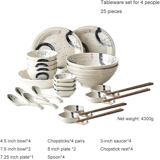 Japanese White Tableware Plates and Bowls Set of 14/25 * 38 Piece Ceramic Plate for Salads Soup Steaks Dishwasher Safe,