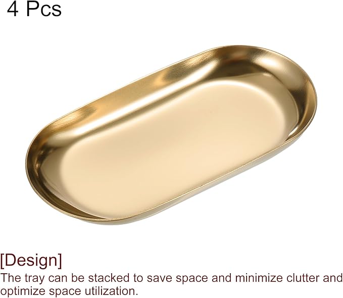 uxcell 4pcs Stainless Steel Decorative Tray, 3.9" Oval Serving Tray Metal Decorative Plate for Perfume Jewelry Cosmetic Bathroom Organizer, Rose Gold