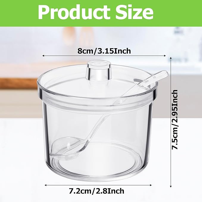 12 Pack Clear Sugar Bowls, 7.1 oz Acrylic Sugar Containers with Lids and Spoons with Tag, Dispenser Salt Bowl for Countertop, Toppings Containers for Serving Condimen Salt Tea Coffee Spices