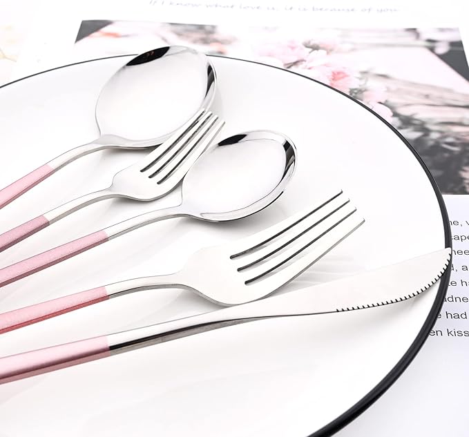30-Piece Snplowum Mirror Flatware Serving Set, 18/0 Stainless Steel Dinnerware With Pink Handle, Modern Durable Home Kitchen Eating Tableware Set Service For 6 (Pink Silver)