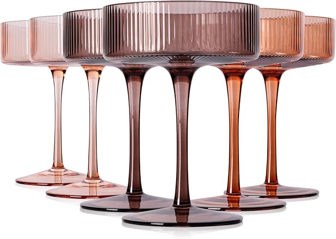 Cyrelwing 9 oz Brown Coupe glasses Set of 6-Hand Blown Venus ribbed vintage coupe glasses-Brown martini glasses for espresso dessert