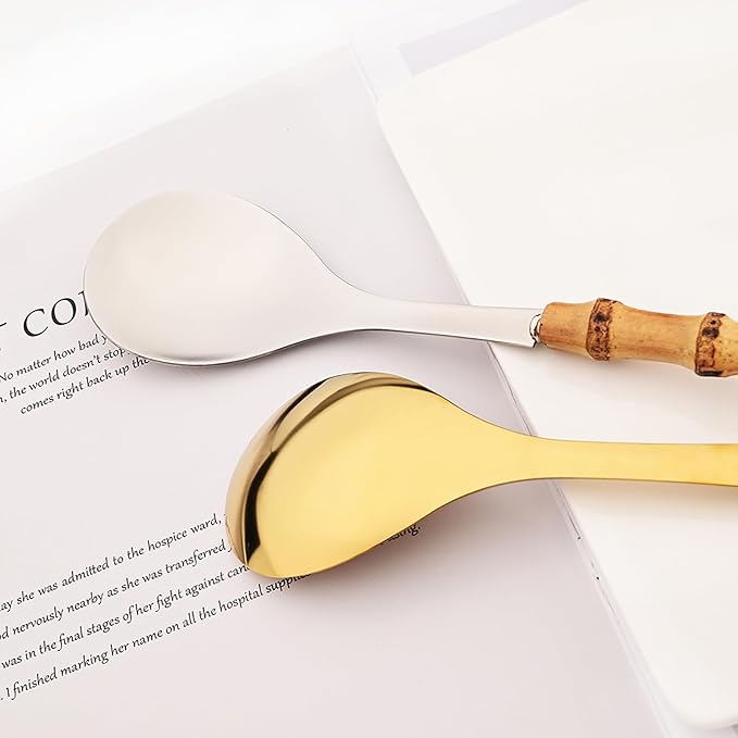 4PCS Serving Spoon, 18/10 Stianless Steel Silver Resuable Serving Utensils With Bamboo Handle, Buffet Banquet Dinner Spoons, 10-inch