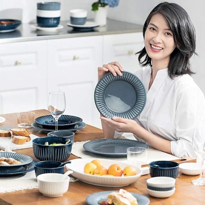 Elegant Resistant Dinner Set,46 Pieces White Blue Vertical Pattern Ceramics Dinner Sets Plates Bowls Combination for Family Party
