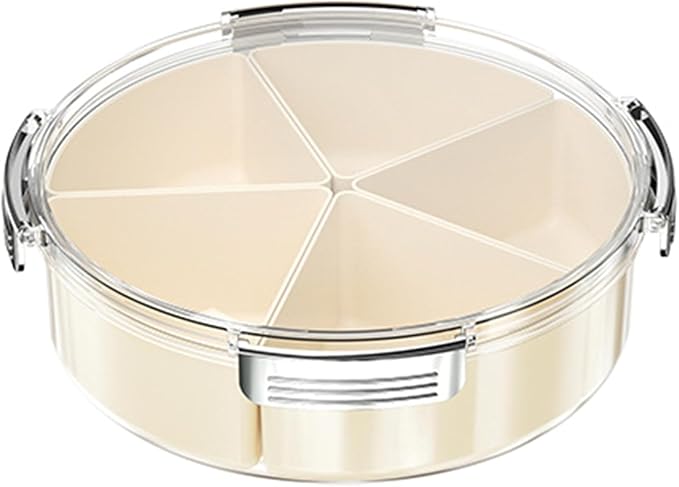 Beige Silver Round Plastic Divided Serving Tray with Lid, 5 Compartments Snack Tray Serving Platter for Biscuits, Fruit, Veggie, Candies and Hot Pot1