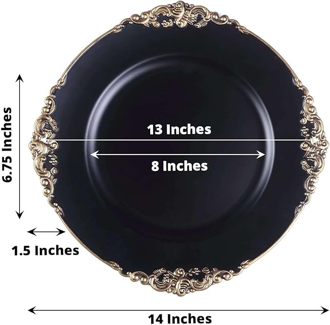 13" Charger Plates -Set of 24 - Acrylic Black Round Baroque Disposable Chargers Leaf Embossed Rim, Ideal for Dinner Party Wedding Bulk Events