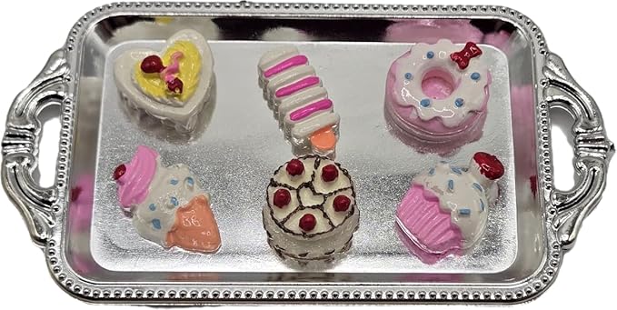 Tea Time Mini Silver Rectangle Serving Tray with 6 Mini Play Sweets - Great Size for 18" Dolls