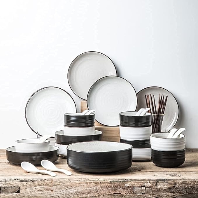 Luxurious Porcelain Dinnerware Set, 42 Piece Round Stoneware Plates and Bowls Sets, Speckle Black and White, Service for 8~10, Dishes Sets/Ceramic Dinner Set