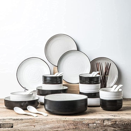 Luxurious Porcelain Dinnerware Set, 42 Piece Round Stoneware Plates and Bowls Sets, Speckle Black and White, Service for 8~10, Dishes Sets/Ceramic Dinner Set