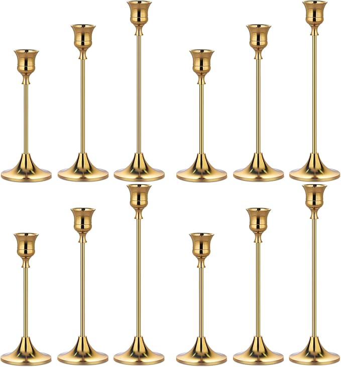 Metal Candle Holders for Candlesticks Taper Candlestick Holders Set Vintage Decorative Centerpiece Candelabra Tall Candle Stands (Gold, 4 Sets (12 pcs))