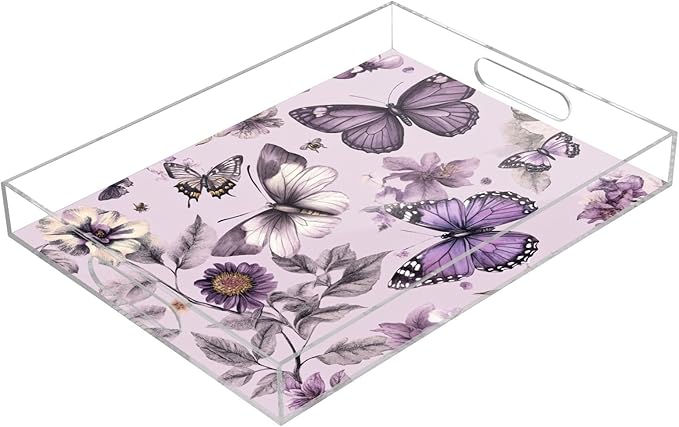 Serving Tray with Handles Clear Acrylic Tray 12x16 Inch Decorative Rectangular Tray Organizer for Ottoman Coffee Table Bathroom Pastel Purple Butterflies and Vintage Flowers