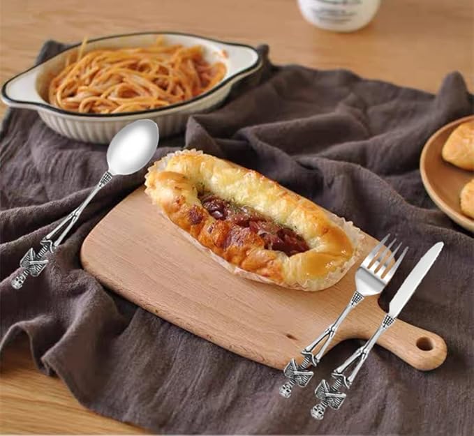 Skeleton Skull Silverware Set, LOYEH Stainless Steel Spoon Fork and Knife Flatware Tableware Design Modern Look Great Gifts For Halloween Easter and Christmas (SKULL - 3 IN ONE)