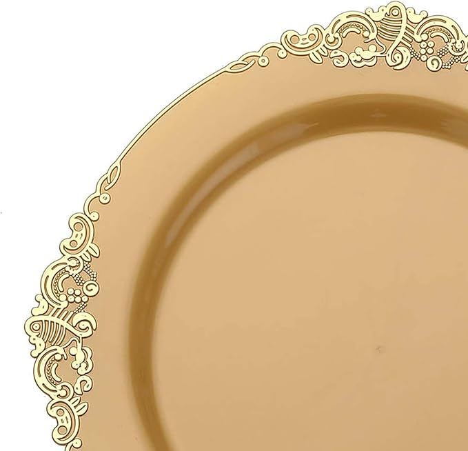 10" Dinner Plates -Set of 30 - Plastic Gold Round Baroque Disposable Chargers Leaf Embossed Rim, Ideal for Dinner Party Wedding Bulk Events