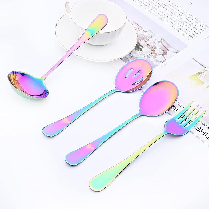 35-Piece Rainbow Flatware Set With Serving Set, 18/0 Stainless Steel Cutlery Set Service For 6, Mirror Polished, Dishwasher Safe
