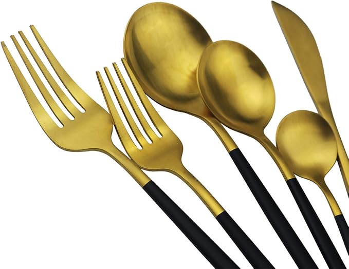 60-Piece Modern Matte Silverware Set, Uniturcky 304 Stainless Steel Flatware Cutlery Set, Elegant Kitchen Utensils Service For 12, Includes Dinner Knives/Spoons/Forks,Black Gold Satin Finish