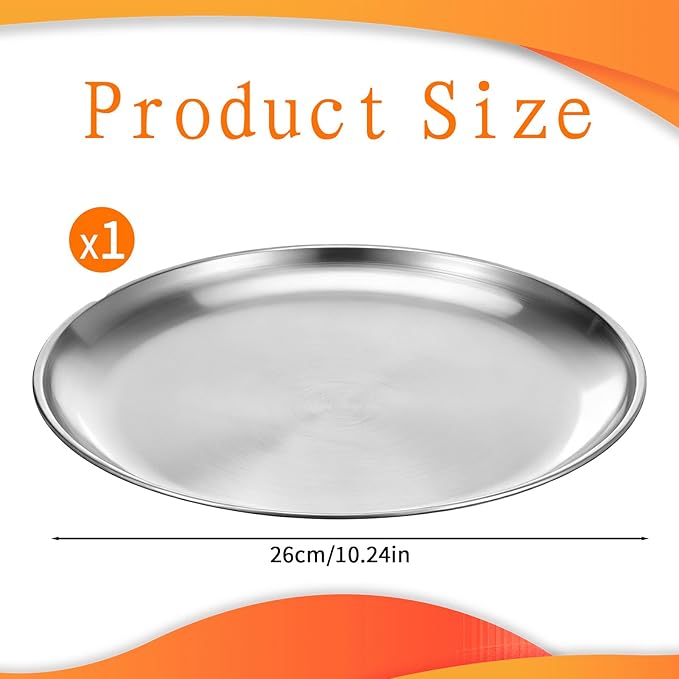 Silver Metal Serving Tray 10" Round Tray Stainless Steel Kitchen Dish Plates Rust-Proof Camping Serving Platter Metal Display Trays for Coffee Table Bar Party Club Home Ottoman, 10.3 inch/26.2 cm