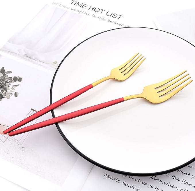 30-Piece Snplowum Mirror Flatware Serving Set, 18/0 Stainless Steel Dinnerware With Red Handle, Modern Durable Home Kitchen Eating Tableware Set Service For 6 (Red Gold)