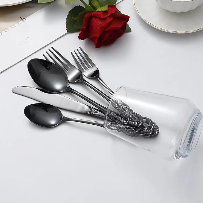 Black Silverware Set for 2, MIKIWAY 10 Pieces Stainless Steel Flatware Set, Cutlery Tableware Set, Kitchen Utensils Set Include Spoons And Forks Set, Mirror Polished, Dishwasher Safe