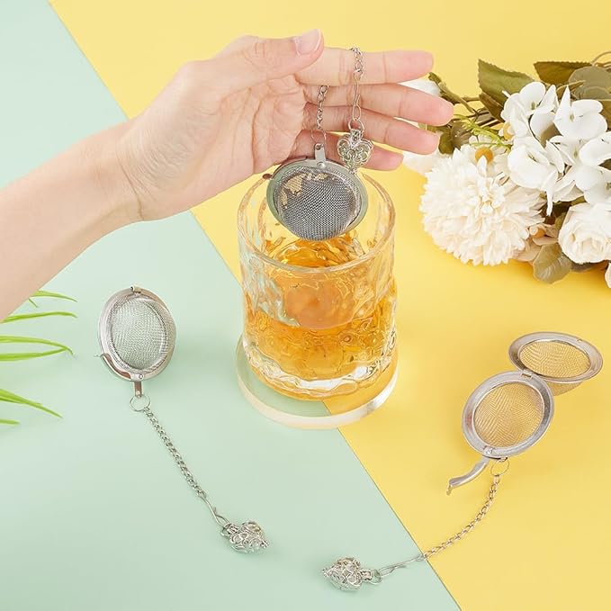 UNICRAFTALE 3pcs Round Mesh Tea Infusers Stainless Steel Tea Strainer with Tibetan Heart Charm Ball Strainer Cages Holder Tea Mesh Strainer Tea Filters Set for Brew Tea, Spices & Seasoning