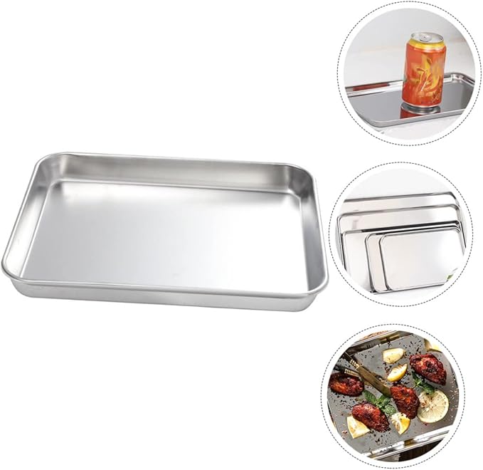 Cabilock Stainless Steel Rectangular Serving Tray 430 Food Storage Plate Flat Bottom Design for Restaurants and Hotels Silver Cooking Tray for Appetizers and Desserts