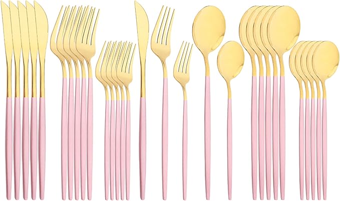 30-Piece Snplowum Mirror Flatware Serving Set, 18/0 Stainless Steel Dinnerware With Pink Handle, Modern Durable Home Kitchen Eating Tableware Set Service For 6 (Pink Gold)