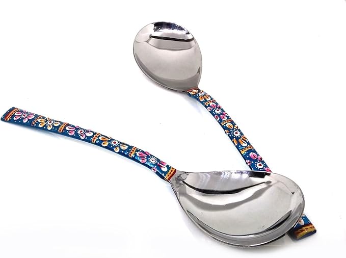 Rastogi Handicrafts Copper Bamboo Hand Painted Meena Work Dinnerware flatware serving spoon utensils Set Of Two (Terquaise)