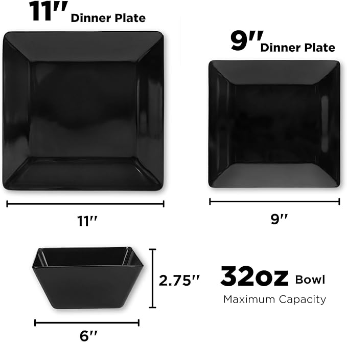 TP 12-Piece Dinnerware Set, Melamine Dishes Set with Bowls and Plates, Non-breakable and Lightweight Square Dinner Set for 4, Black