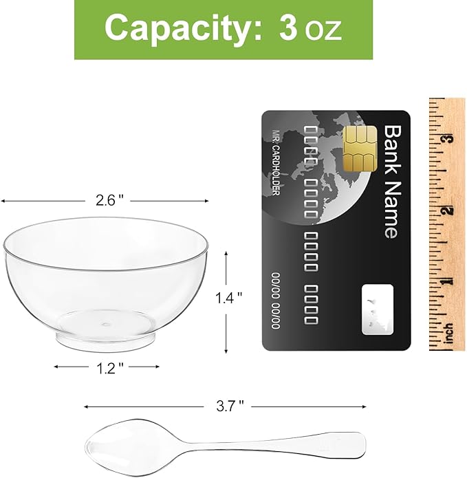 Qeirudu 100 Pack 3 oz Mini Dessert Cups with Spoons, Clear Small Round Party Serving Bowls for Yogurt Parfait Fruit Mousses Appetizer Ice Creams