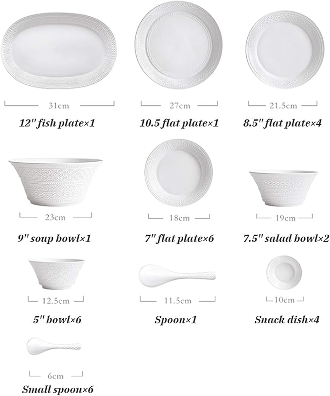 High-End Dinner Set,Ceramics Dinner Set,Pure White Relief Light Luxury 32 Pieces Bone China Dinnerware Sets | European Style Porcelain Steak Plates and Cereals Bowls for,