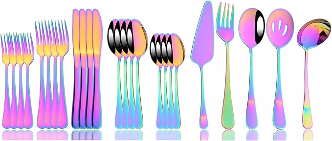 JASHII 25-Piece Fork Spoon Knife Silverware Set with Serving Utensils for 4, Food Grade Stainless Steel Flatware Cutlery Set for Home and Restaurant, Dishwasher Safe - Shiny Rainbow