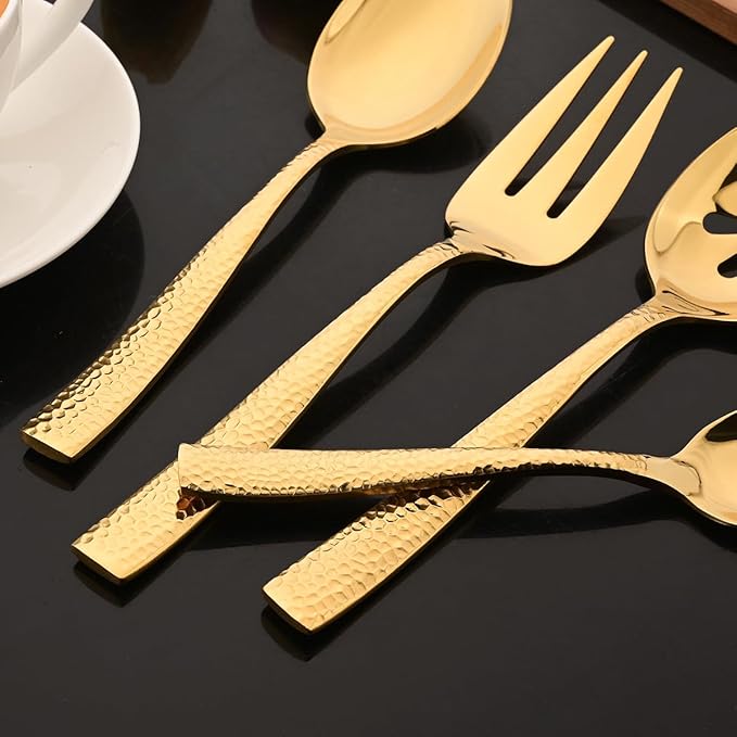 JASHII 5-Piece Gold Hammered Flatware Hostess Set Stainless Steel Serving Fork Slotted Serving Spoon Butter Knife Teaspoon Set for Buffet Party Mirror Polished Dishwasher Safe