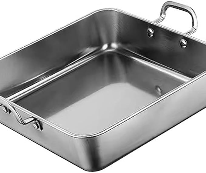 Generic Snack Tray Fries Plate with Handles Square Stainless Steel Serving Tray Baking Tray for Meat Roasting Turkey Roasting Chicken, Silver, 25x25cm