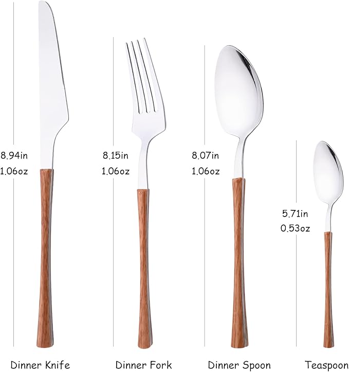 24PCS Flatware Set For 6 Stainless Steel Cutlery Set with Imitation Wood Grain Handle Kitchen Tableware With Knives Spoons And Forks Set Silver Mirror Polished Eating Utensils for Home & Camping